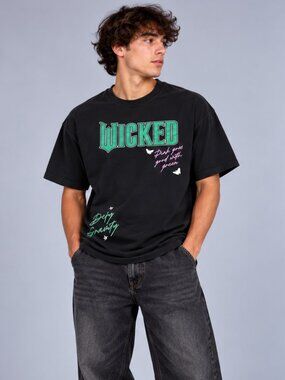 Wicked Defy Gravity Men's XL Black Graphic T-Shirt Pink Green